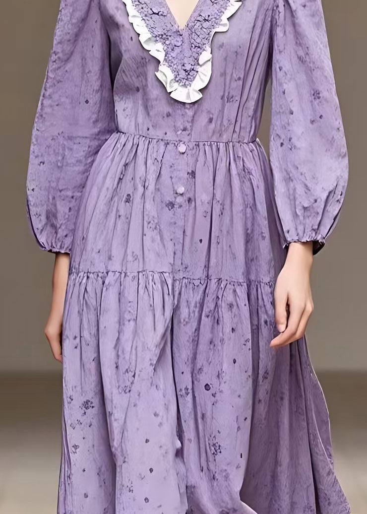 French Purple Patchwork Wrinkled Holiday Long Dress Long Sleeve