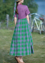 French Purple Plaid Lace Up Patchwork Cotton Long Dress Summer