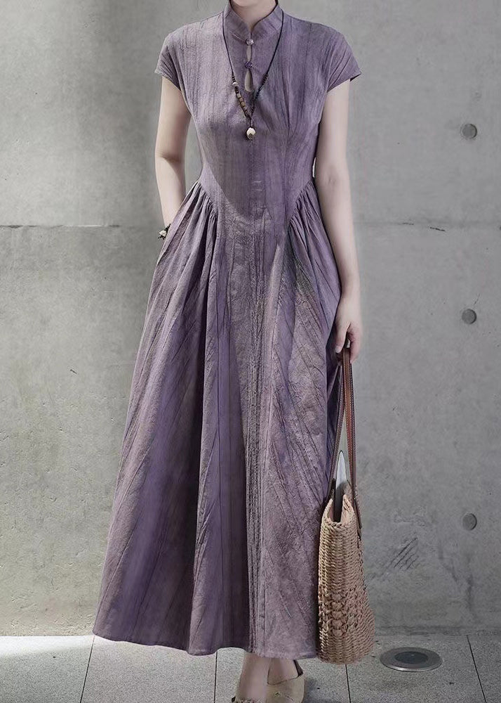 French Purple Stand Collar Pockets Linen Dress Summer