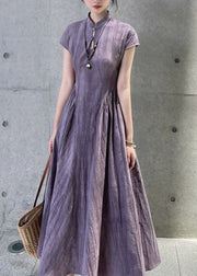 French Purple Stand Collar Pockets Linen Dress Summer