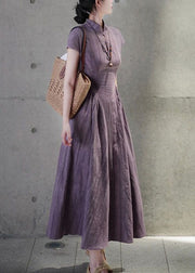 French Purple Stand Collar Pockets Linen Dress Summer