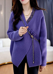 French Purple V Neck Asymmetrical Design Knit Loose Cardigan Spring