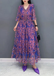 French Purple V Neck Print Elastic Waist Chiffon Long Dress Summer