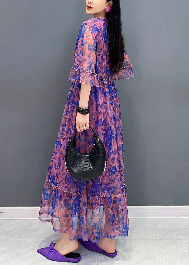 French Purple V Neck Print Elastic Waist Chiffon Long Dress Summer