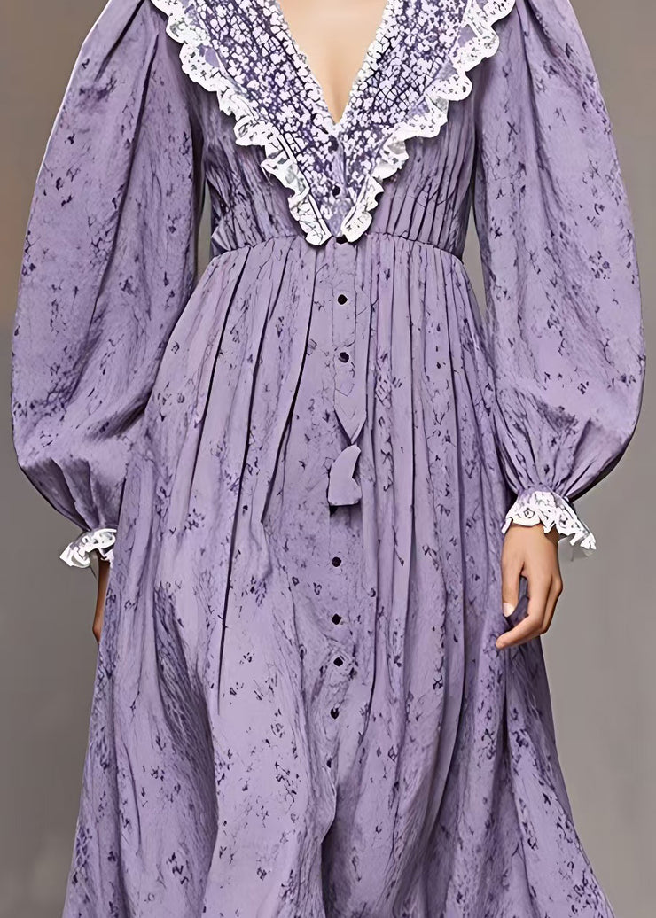 French Purple V Neck Print Patchwork Cotton Dresses Long Sleeve