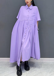 French Purple Wrinkled Pockets Cotton Shirts Dress Summer