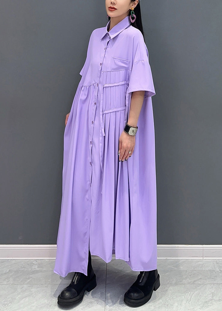 French Purple Wrinkled Pockets Cotton Shirts Dress Summer