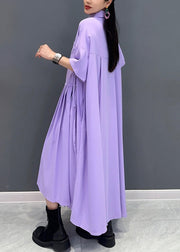 French Purple Wrinkled Pockets Cotton Shirts Dress Summer