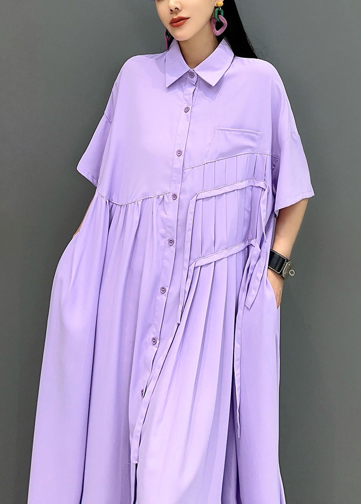 French Purple Wrinkled Pockets Cotton Shirts Dress Summer