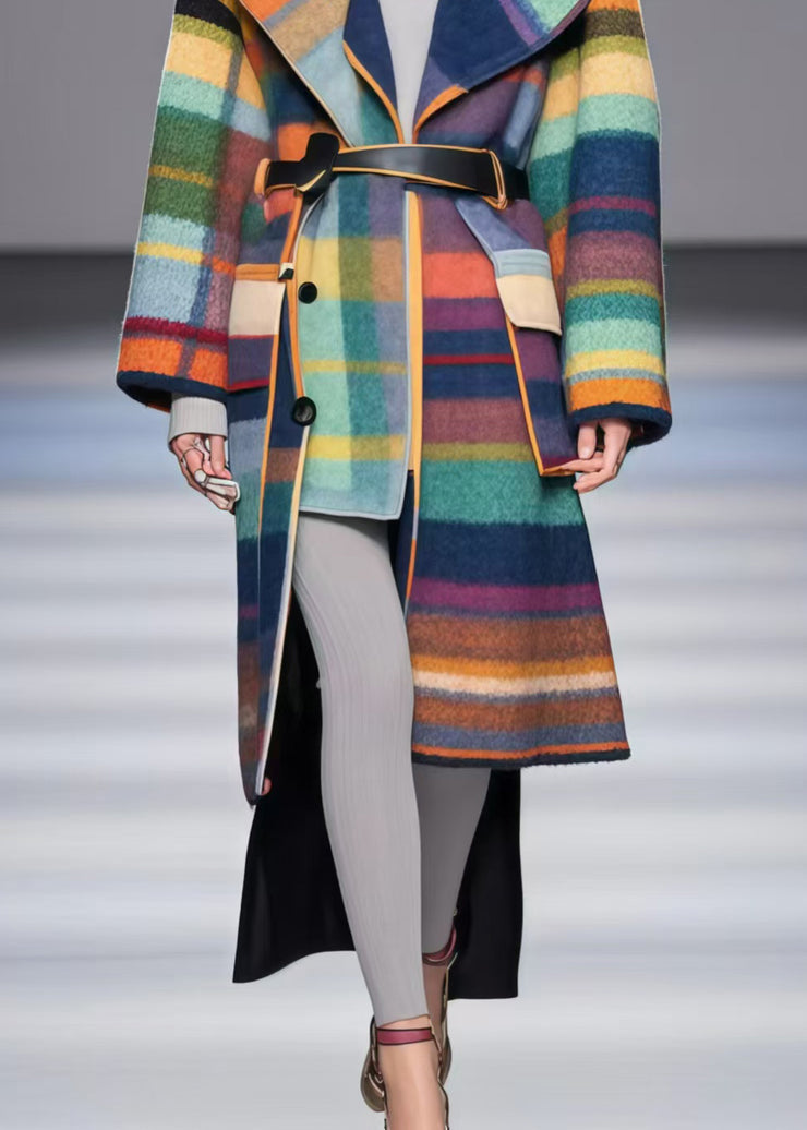 French Rainbow Asymmetrical Design Woolen Trench Fall