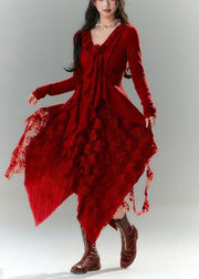 French Red Asymmetrical Design Patchwork Knit Dress Spring