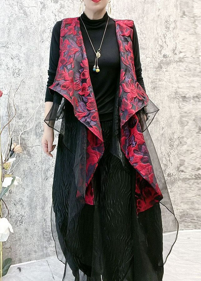 French Red Asymmetrical Jacquard Patchwork Silk Vest Sleeveless