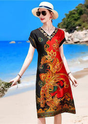 French Red Black V Neck Print Draping Silk Vacation Dress Short Sleeve