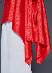 French Red Embroidered Asymmetrical Design Silk Tops Smock Summer