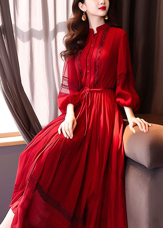 French Red Hollow Out Lace Up Long Dress Bracelet Sleeve