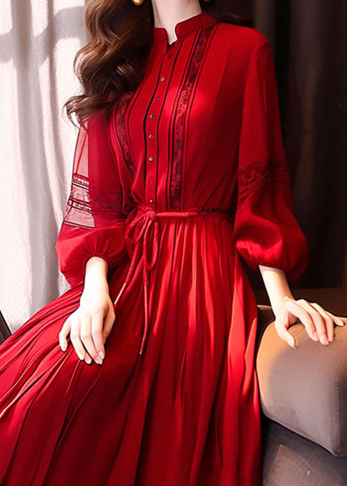 French Red Hollow Out Lace Up Long Dress Bracelet Sleeve