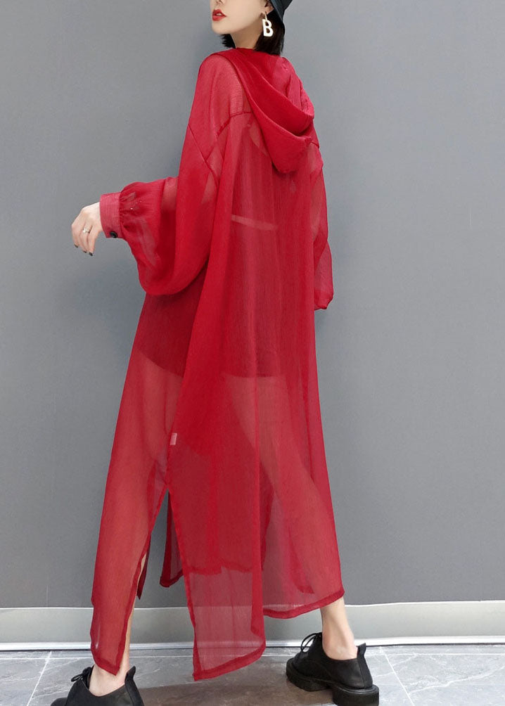 French Red Hooded Hollow Out Chiffon Long Cardigans Summer