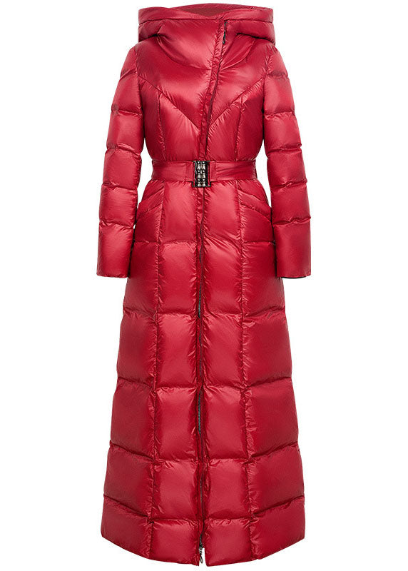 French Red Hooded Sashes Thick Lengthen Fine Cotton Filled Parka Winter