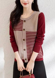 French Red O Neck Button Patchwork Knit Cardigans Fall