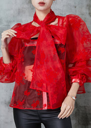 French Red Oversized Jacquard Tulle Blouses Spring