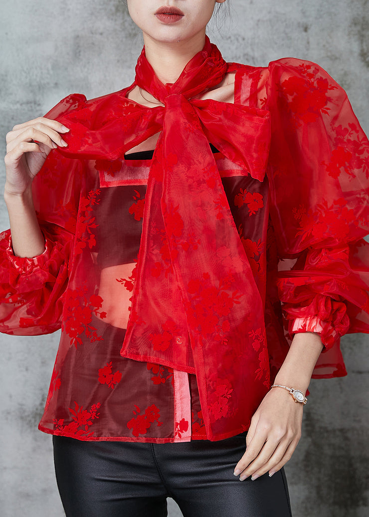 French Red Oversized Jacquard Tulle Blouses Spring