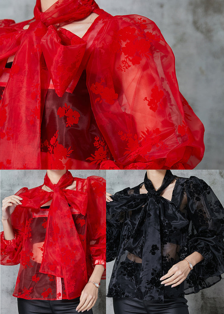 French Red Oversized Jacquard Tulle Blouses Spring