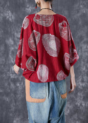 French Red Oversized Print Cotton Top Batwing Sleeve