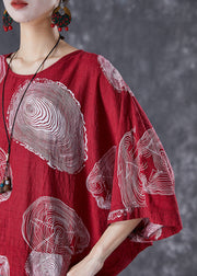 French Red Oversized Print Cotton Top Batwing Sleeve