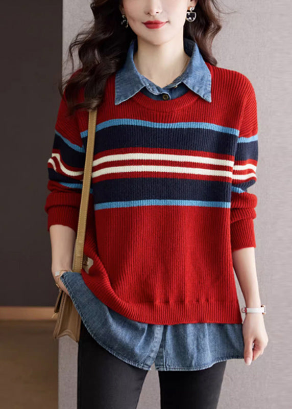 French Red Peter Pan Collar Denim Stitching Fake Two Piece Knit Top Autumn