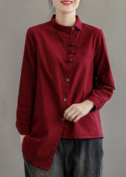 French Red Peter Pan Collar Patchwork Cotton Shirt Top Long Sleeve