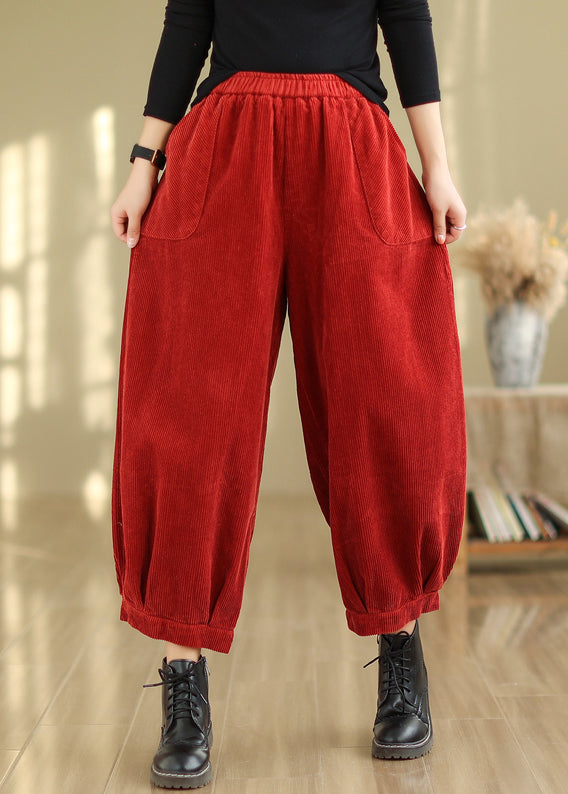 French Red Pockets Elastic Waist Corduroy Crop Pants Fall