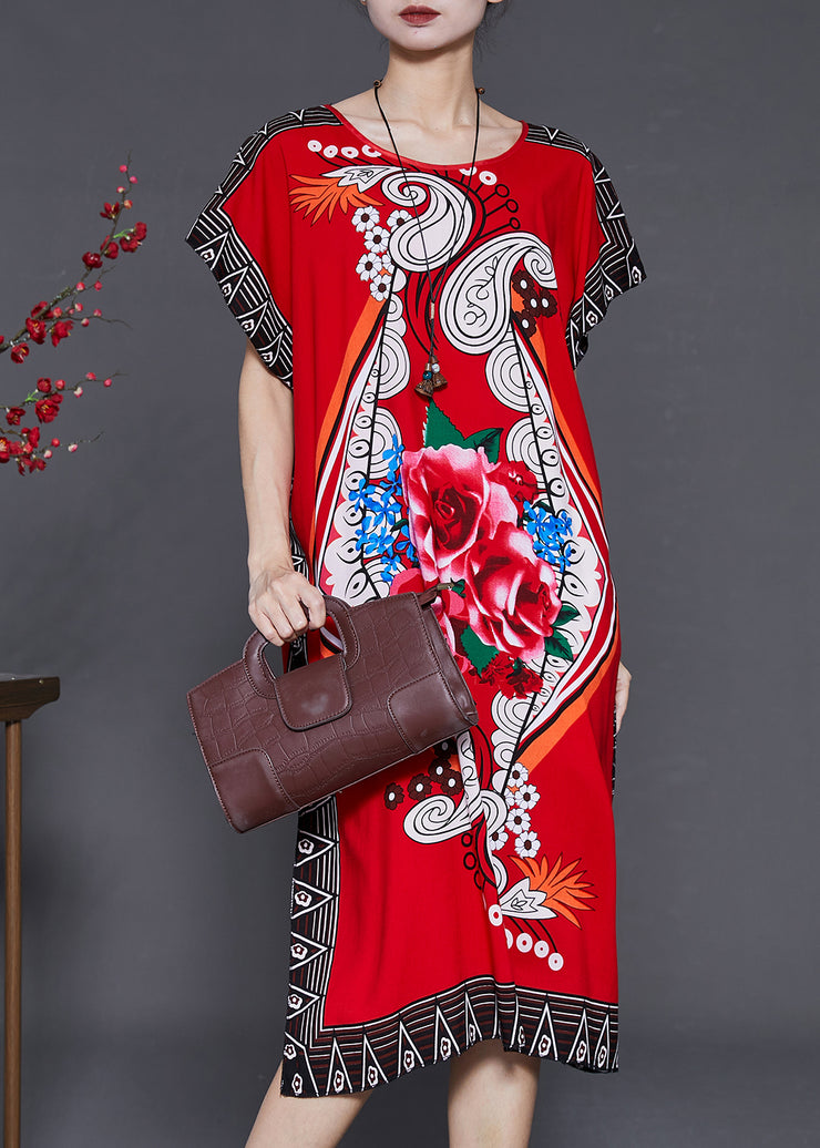 French Red Print Chiffon Long Dress Batwing Sleeve