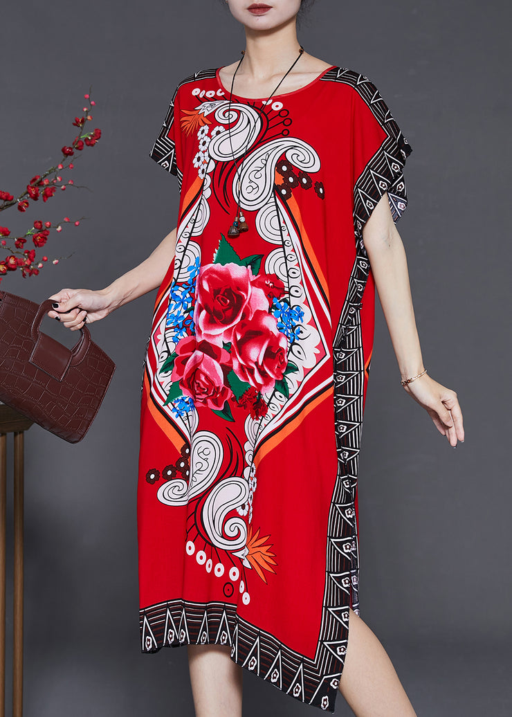 French Red Print Chiffon Long Dress Batwing Sleeve