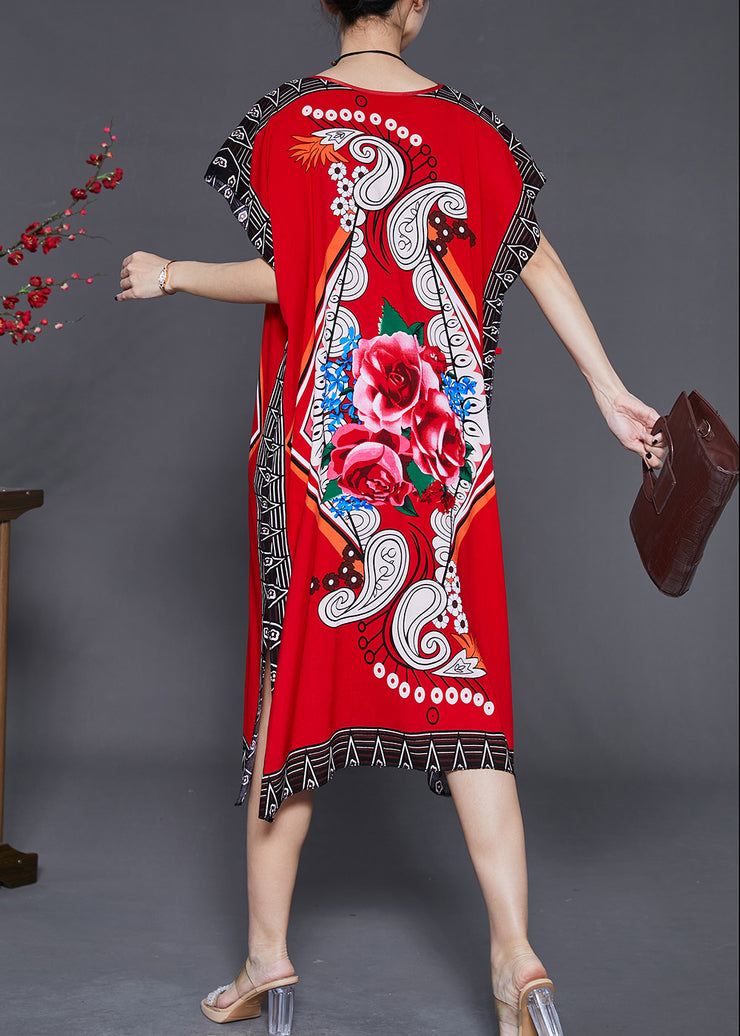 French Red Print Chiffon Long Dress Batwing Sleeve