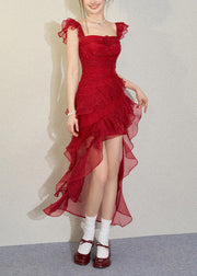 French Red Ruffled Asymmetrical Chiffon Strap Sress Summer