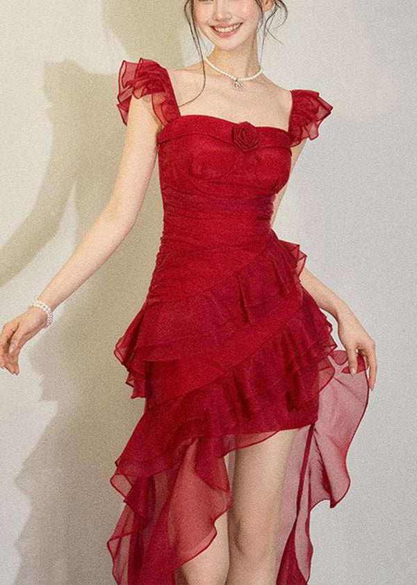 French Red Ruffled Asymmetrical Chiffon Strap Sress Summer