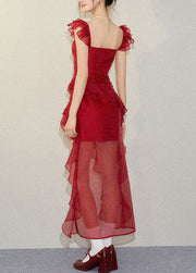 French Red Ruffled Asymmetrical Chiffon Strap Sress Summer