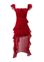 French Red Ruffled Asymmetrical Chiffon Strap Sress Summer