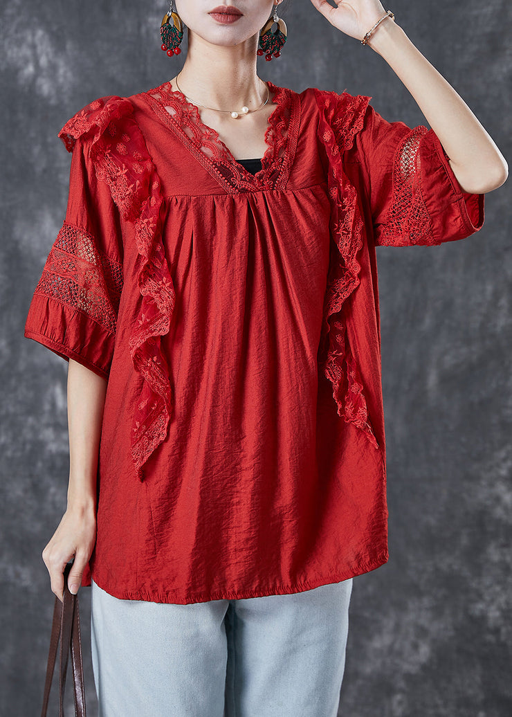 French Red Ruffled Patchwork Cotton Sweater Tops Short Sleeve