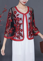 French Red Sequins Embroideried Tulle Loose Cardigan Summer