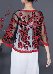 French Red Sequins Embroideried Tulle Loose Cardigan Summer