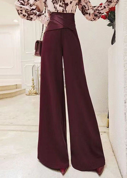 French Red Solid High Waist Cotton Wide Leg Pants Spring