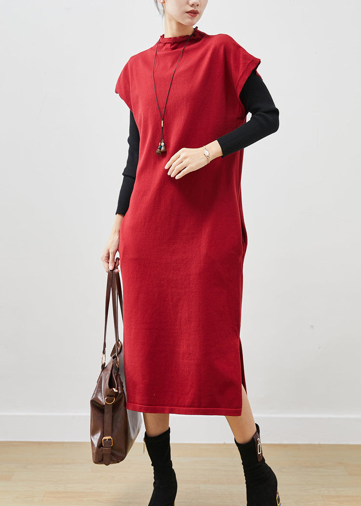 French Red Turtle Neck Oversized Cotton Long Dresses Short Sleeve