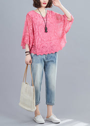 French Red V Neck Embroideried Cotton Blouses Batwing Sleeve