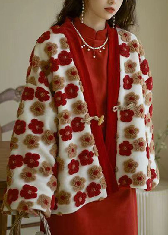 French Red V Neck Floral Warm Coat Winter