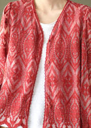 French Red V Neck Patchwork Lace Cardigans Spring