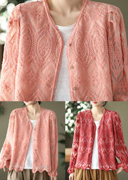 French Red V Neck Patchwork Lace Cardigans Spring