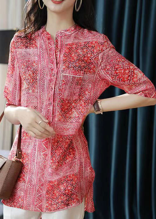 French Red V Neck Print Asymmetrical Design Patchwork Chiffon Shirts Top Summer