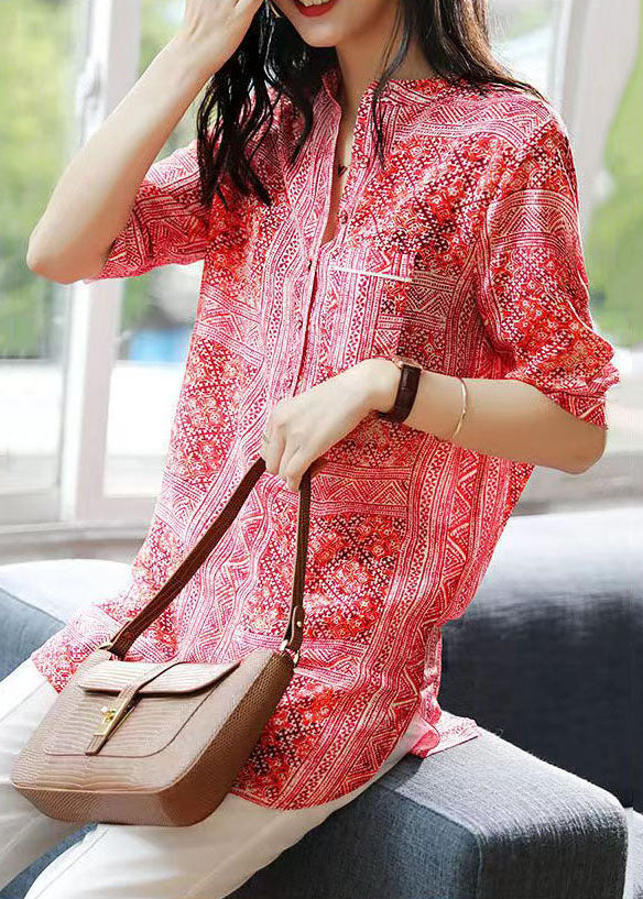 French Red V Neck Print Asymmetrical Design Patchwork Chiffon Shirts Top Summer