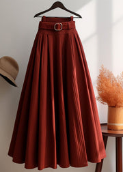 French Red Wrinkled High Waist Cotton Skirts Spring